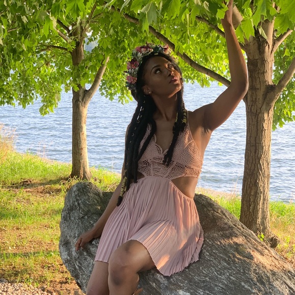 Pants - Pink boutique crochet romper with lace detail